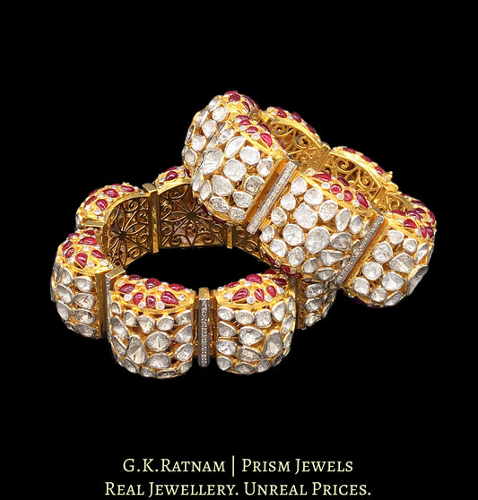14k Gold and Diamond Polki Open Setting Bangle Pair (Pacheli) with Rubies