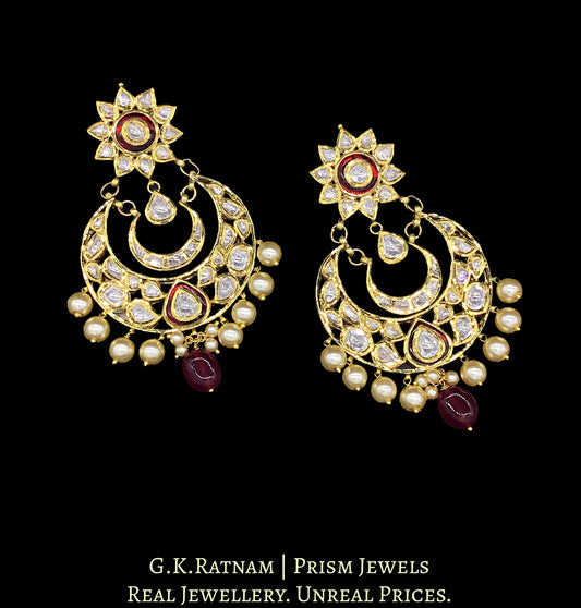 Traditional Gold and Diamond Polki Chand Bali Earring Pair with rubies and pearls