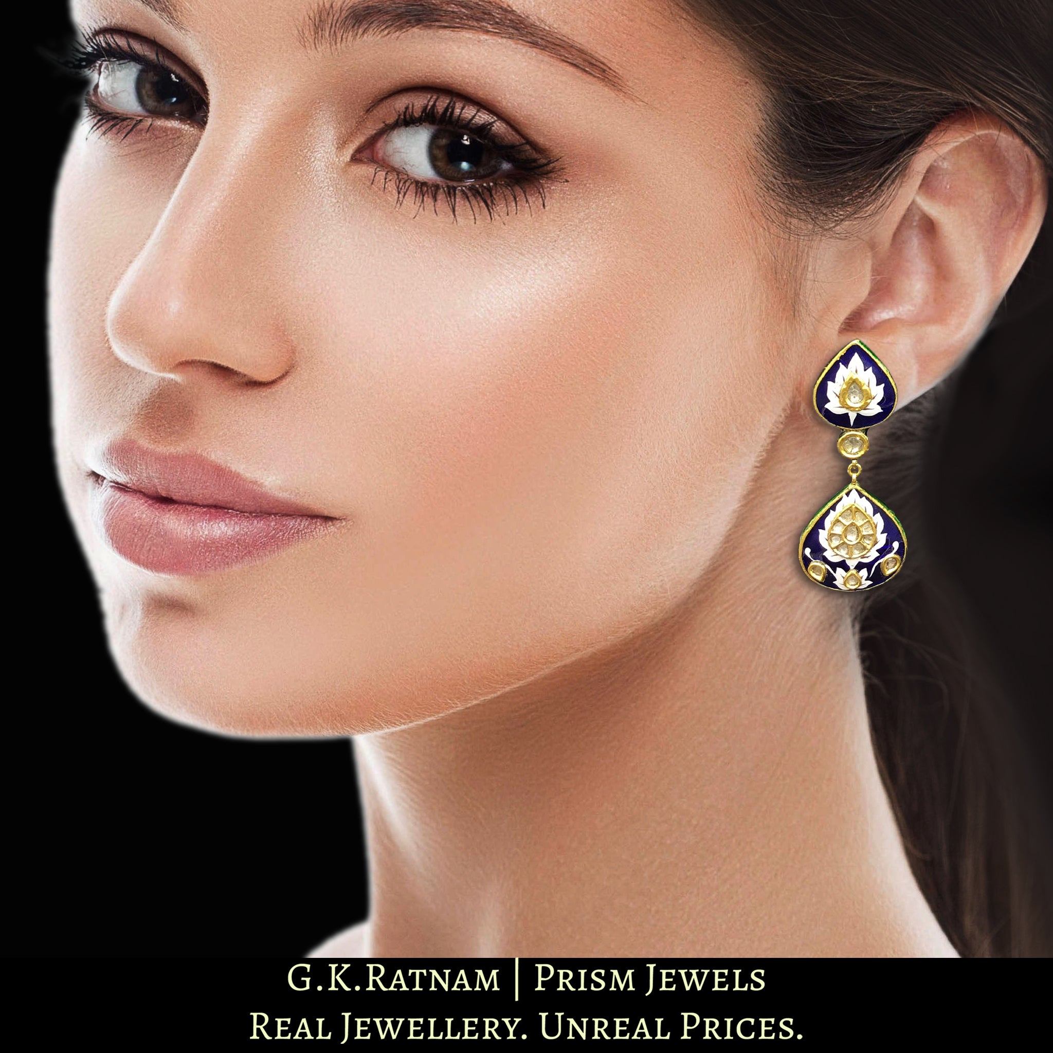 23k Gold and Diamond Polki Long Earring Pair with soothing blue and white enamel