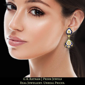 23k Gold and Diamond Polki Long Earring Pair with soothing blue and white enamel