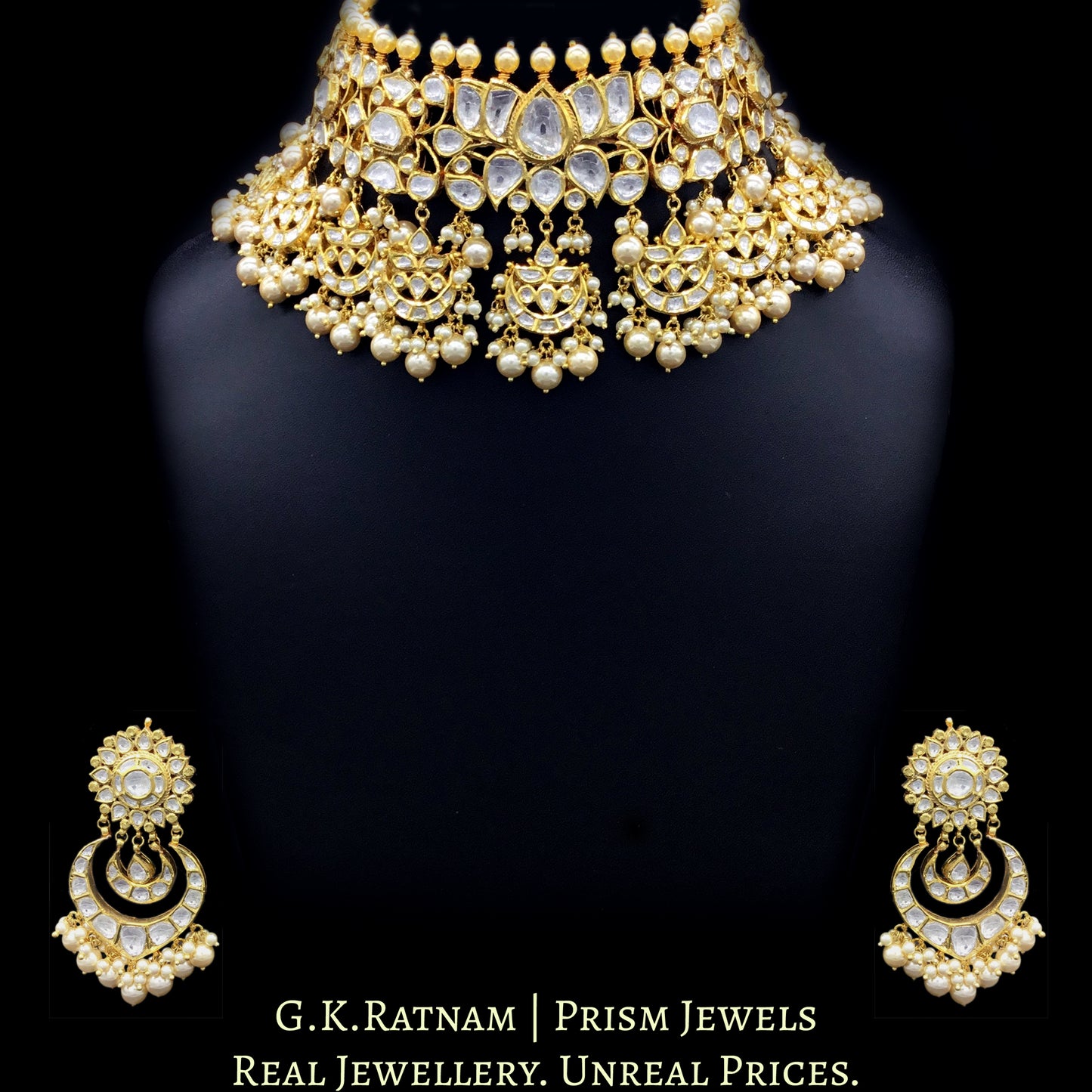 18k Gold and Diamond Polki Lotus Choker Necklace Set with multiple chand hangings - G. K. Ratnam