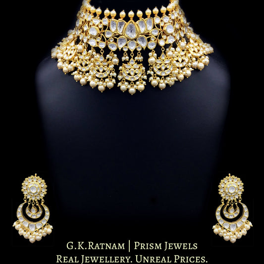 18k Gold and Diamond Polki Lotus Choker Necklace Set with multiple chand hangings - G. K. Ratnam