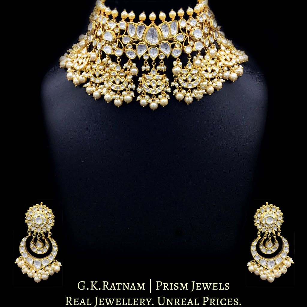 18k Gold and Diamond Polki Lotus Choker Necklace Set with multiple chand hangings - G. K. Ratnam