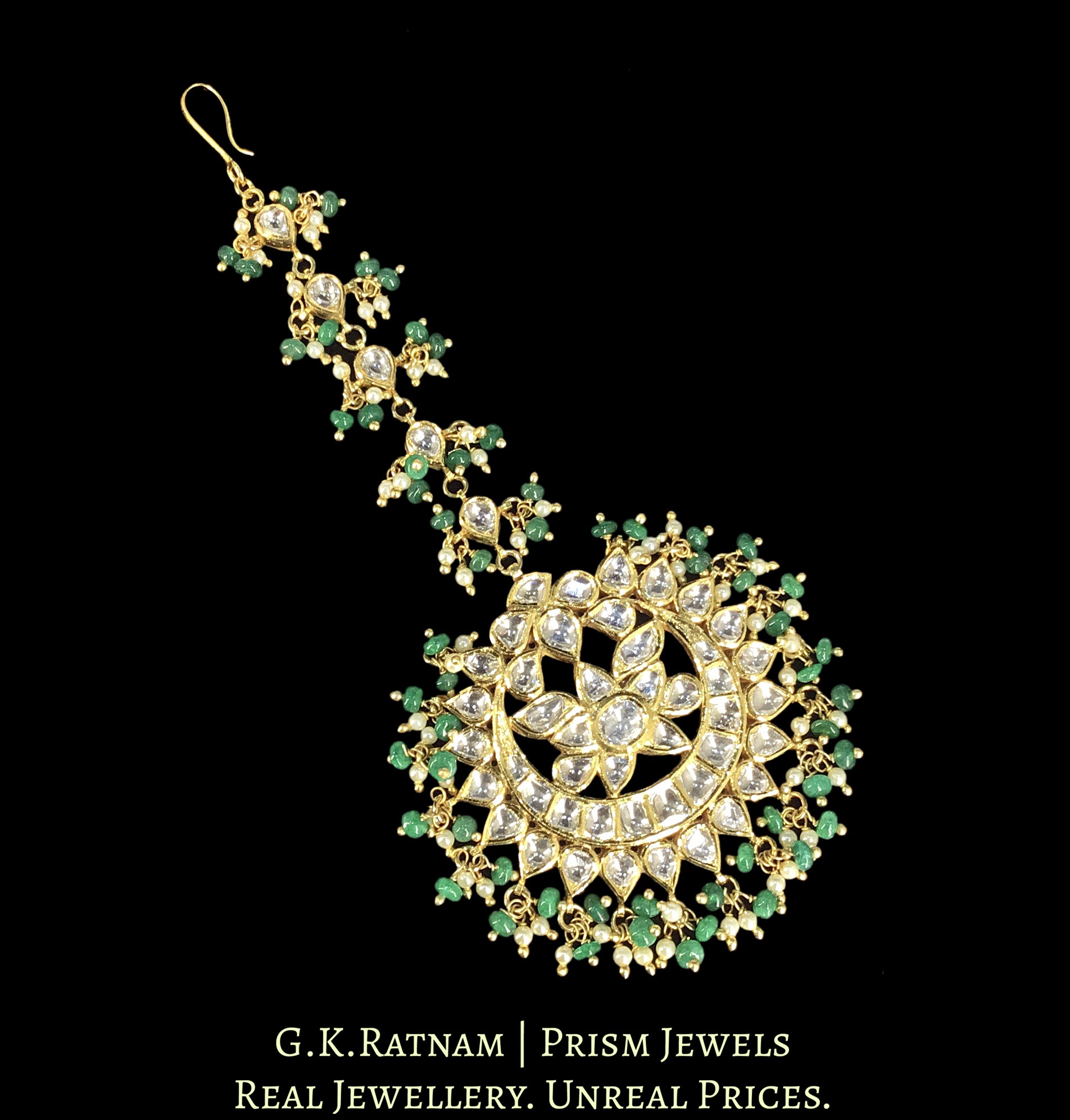 18k Gold And Diamond Polki Maang Tika With emerald-grade Green Beryls and Pearls
