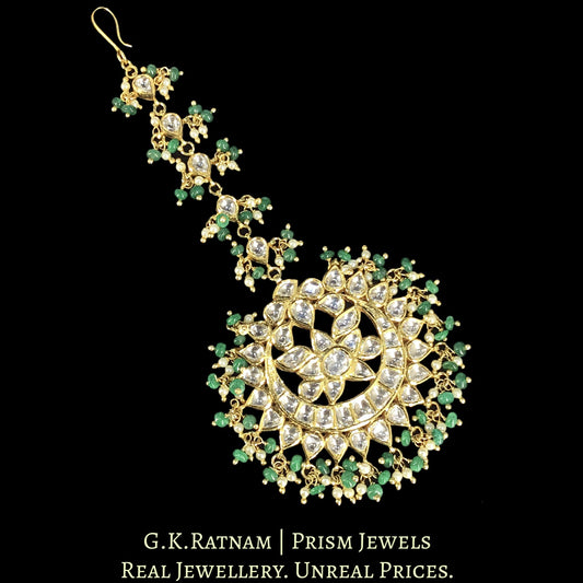 18k Gold And Diamond Polki Maang Tika With emerald-grade Green Beryls and Pearls
