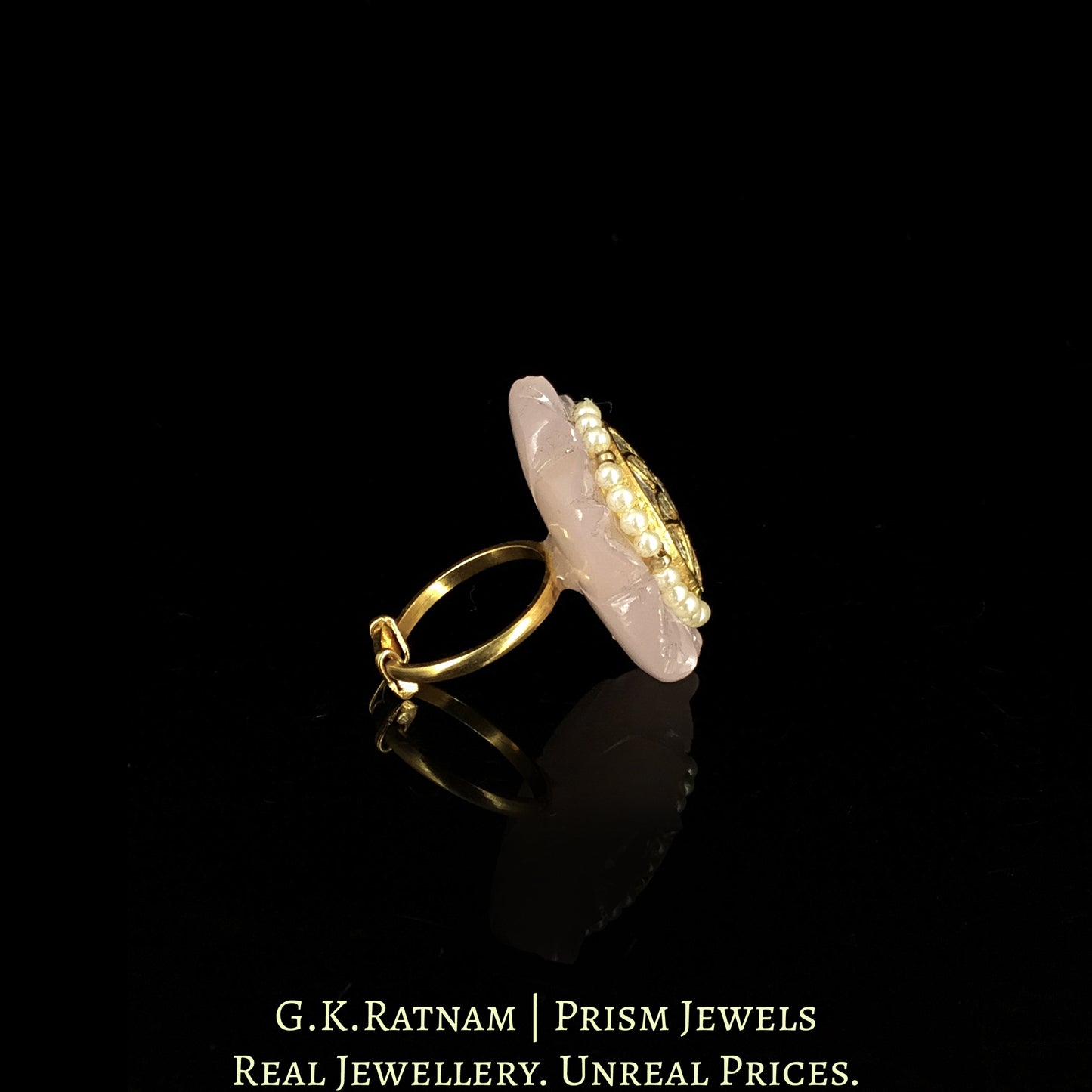 23k Gold and Diamond Polki Ring With Floral Rose Quartz Carving