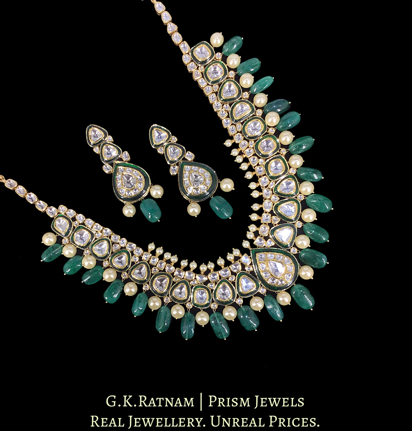 18k Gold and Diamond Polki Long Necklace Set with Green Beryls and Pearls