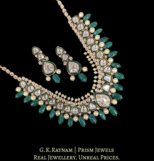 18k Gold and Diamond Polki Long Necklace Set with Green Beryls and Pearls