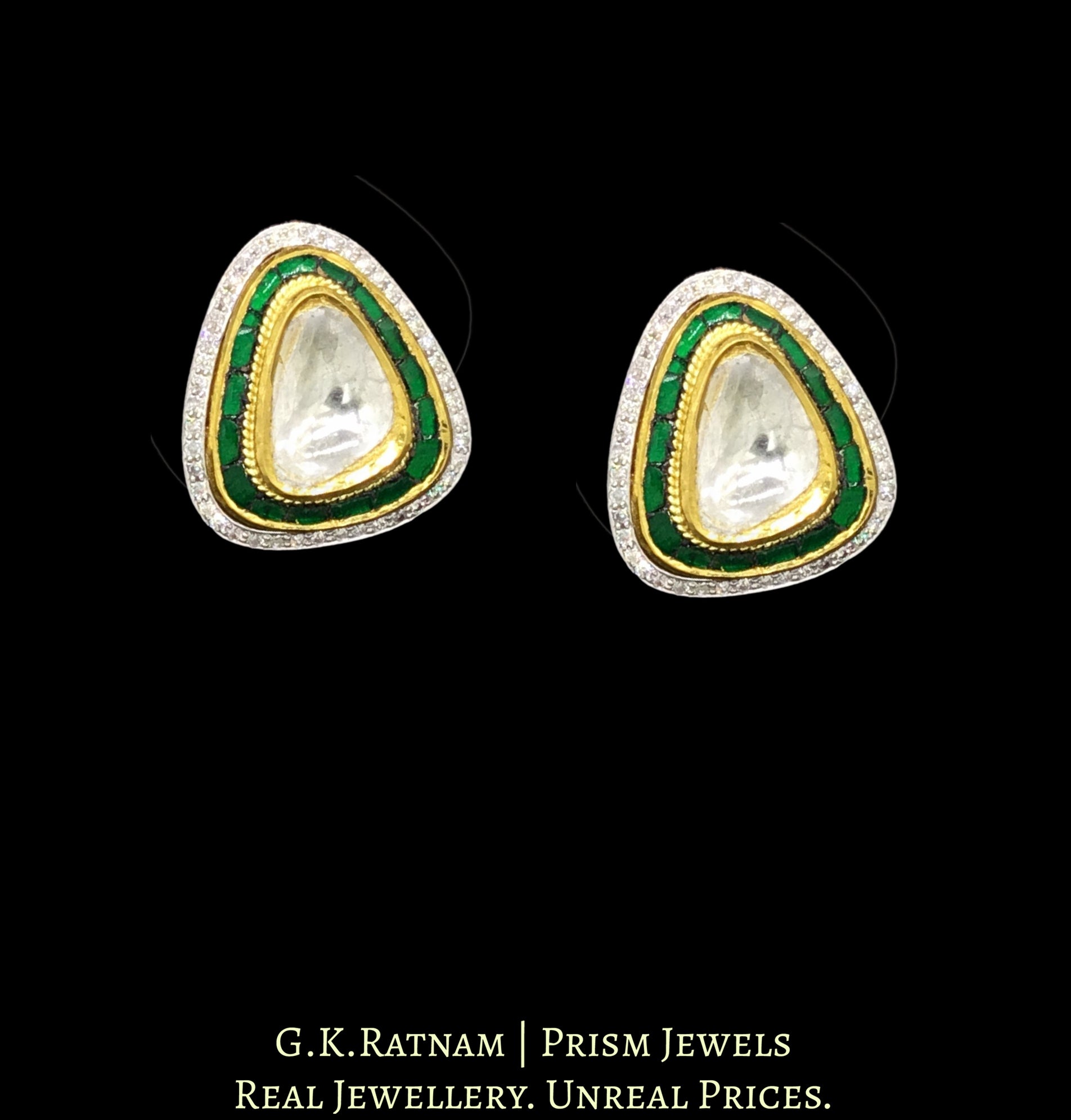 18k Gold and Diamond Polki triangle-shaped Tops / Studs Earring Pair with big uncuts and emerald-green stones - G. K. Ratnam