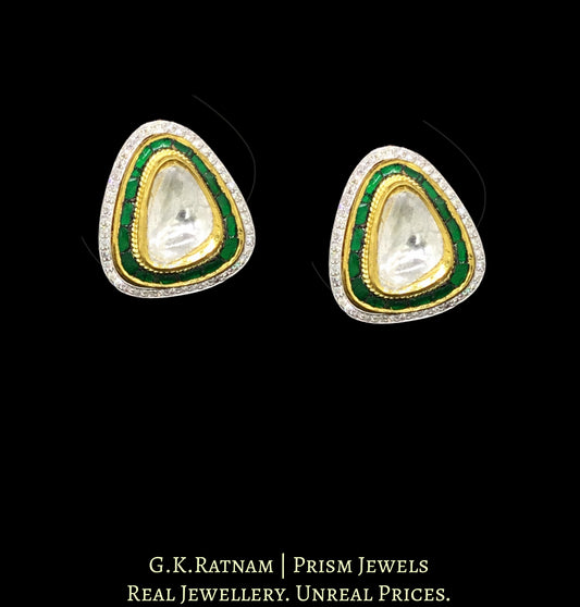 18k Gold and Diamond Polki triangle-shaped Tops / Studs Earring Pair with big uncuts and emerald-green stones - G. K. Ratnam