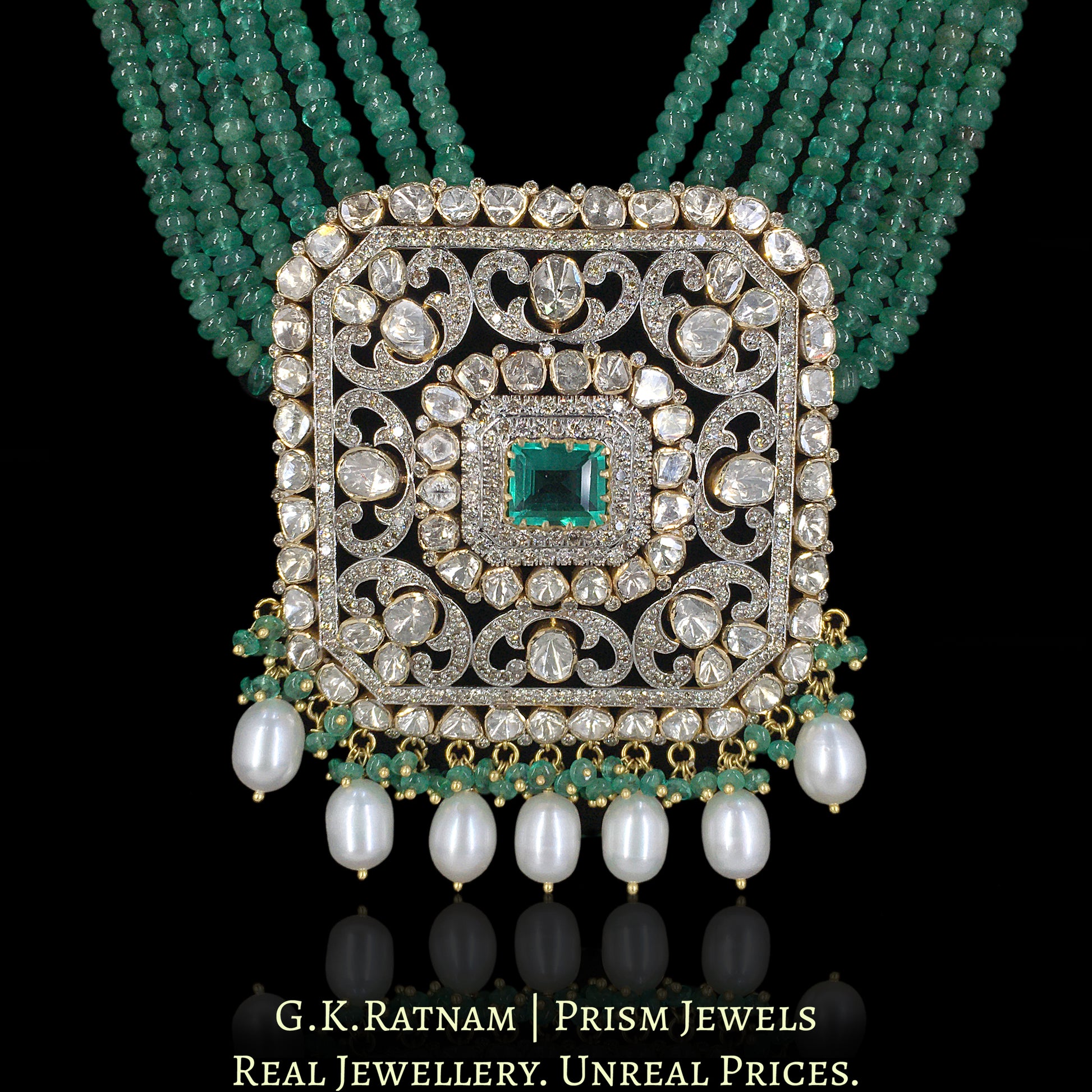 18k Gold and Diamond Polki Open Setting Pendant Set strung in Natural Emerald Beads - G. K. Ratnam