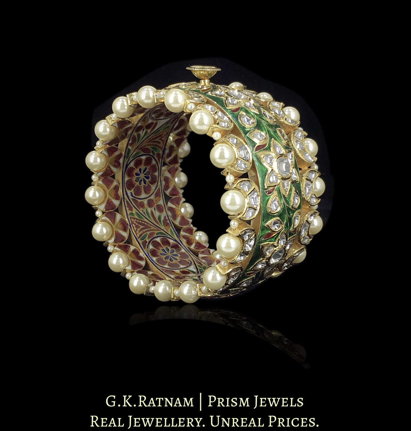 18k Gold and Diamond Polki broad Bangle with Green Meenakari