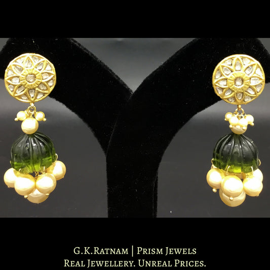 23k Gold and Diamond Polki Jhumki Earring Pair with peridot-green glass jhumkas