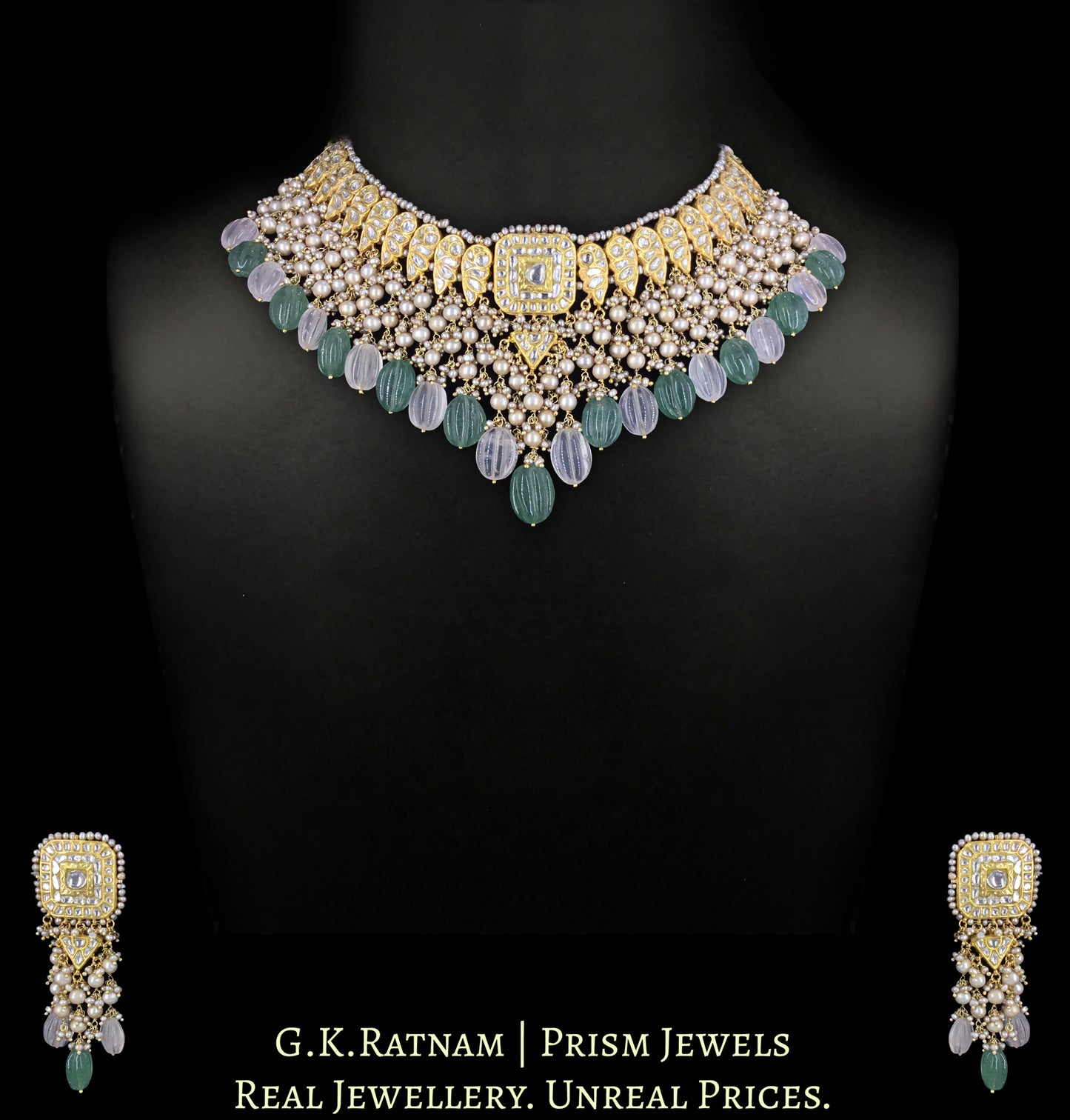 23k Gold and Diamond Polki Necklace Set strung with Antiqued Freshwater Pearls and Strawberry Quartz Melons
