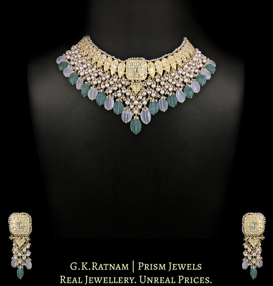 23k Gold and Diamond Polki Necklace Set strung with Antiqued Freshwater Pearls and Strawberry Quartz Melons