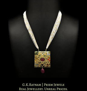 23k Gold and Diamond Polki Reversible Navratna Pendant with Chid Pearl bunches - G. K. Ratnam