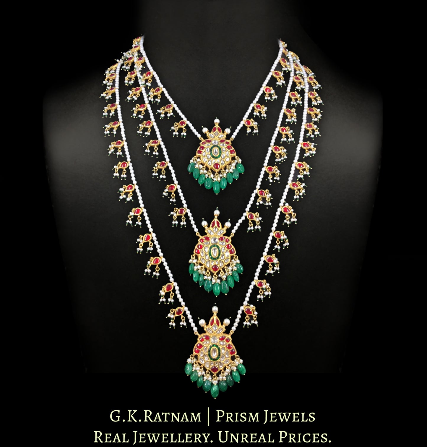 23k Gold and Diamond Polki south-style Teen-Lad (three-row) Necklace with Pearls - G. K. Ratnam