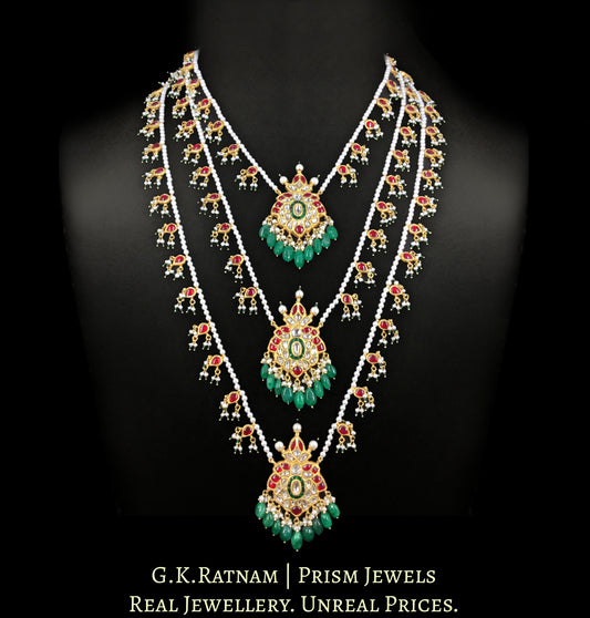 23k Gold and Diamond Polki south-style Teen-Lad (three-row) Necklace with Pearls - G. K. Ratnam