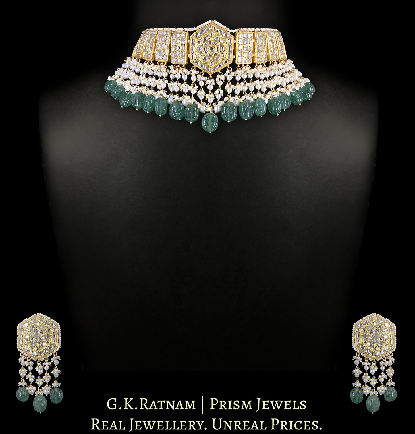 23k Gold and Diamond Polki Choker Necklace Set with Pearls and Strawberry Quartz Melons
