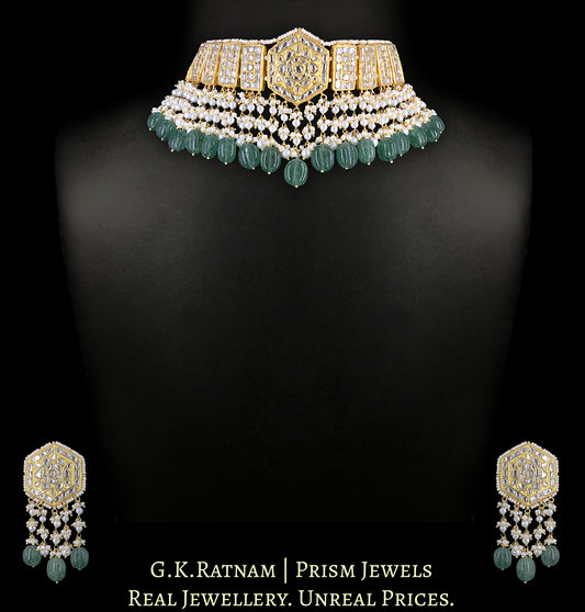 23k Gold and Diamond Polki Choker Necklace Set with Pearls and Strawberry Quartz Melons