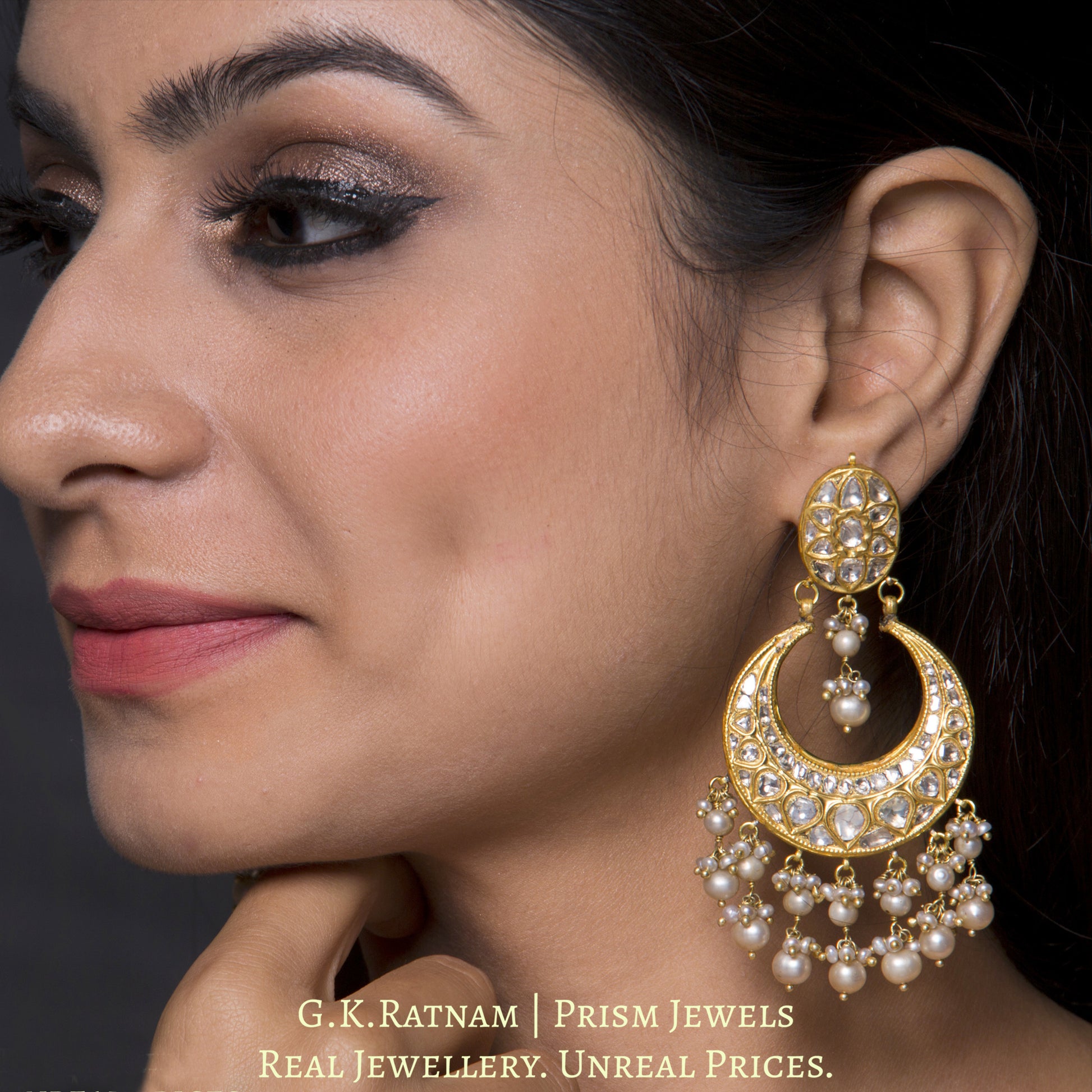 23k Gold and Diamond Polki Chand Bali Earring Pair with basra-grade natural freshwater pearls - G. K. Ratnam