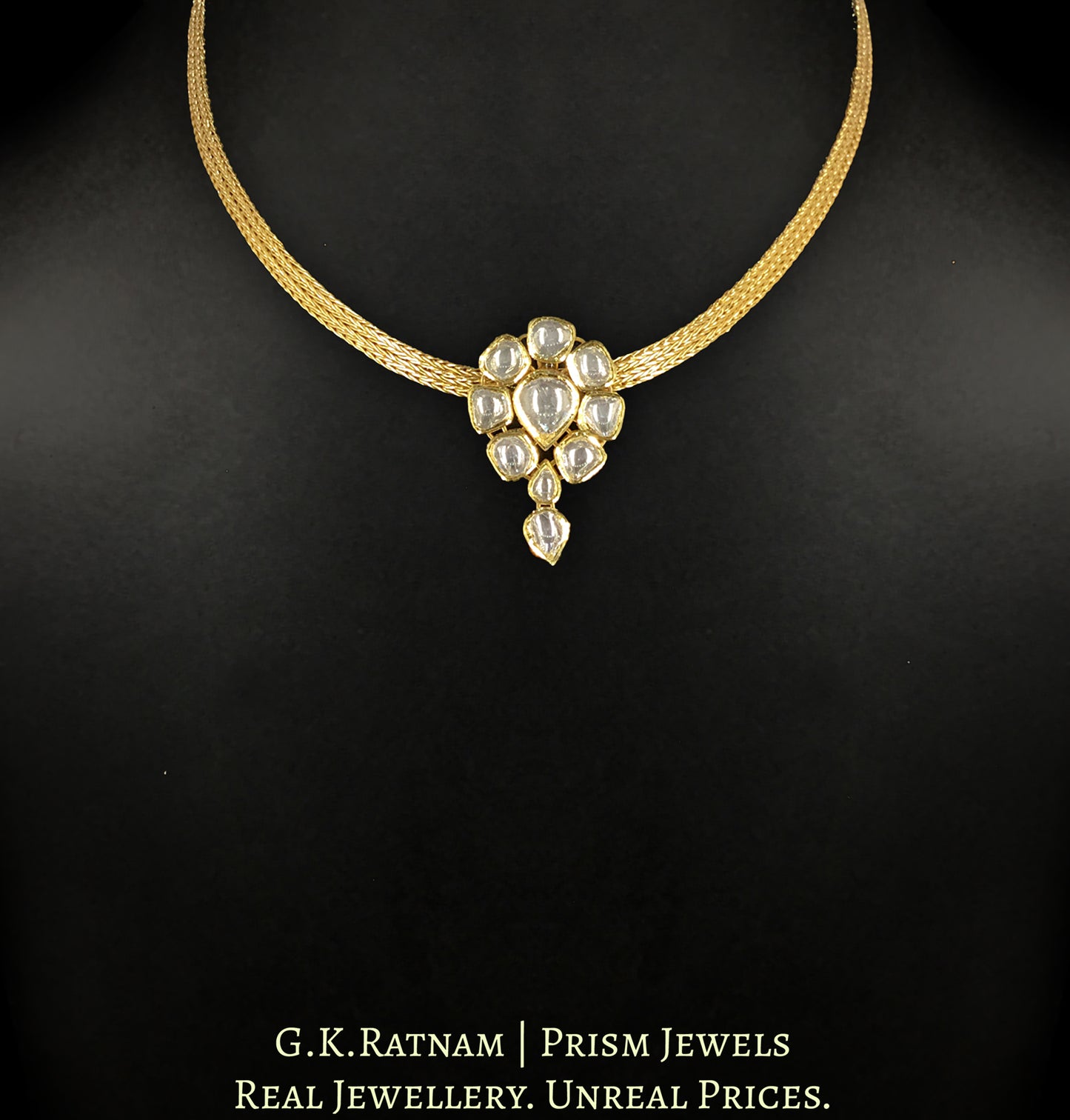 18k Gold and Diamond Polki Small Pendant Set with Finely Handcrafted Chain