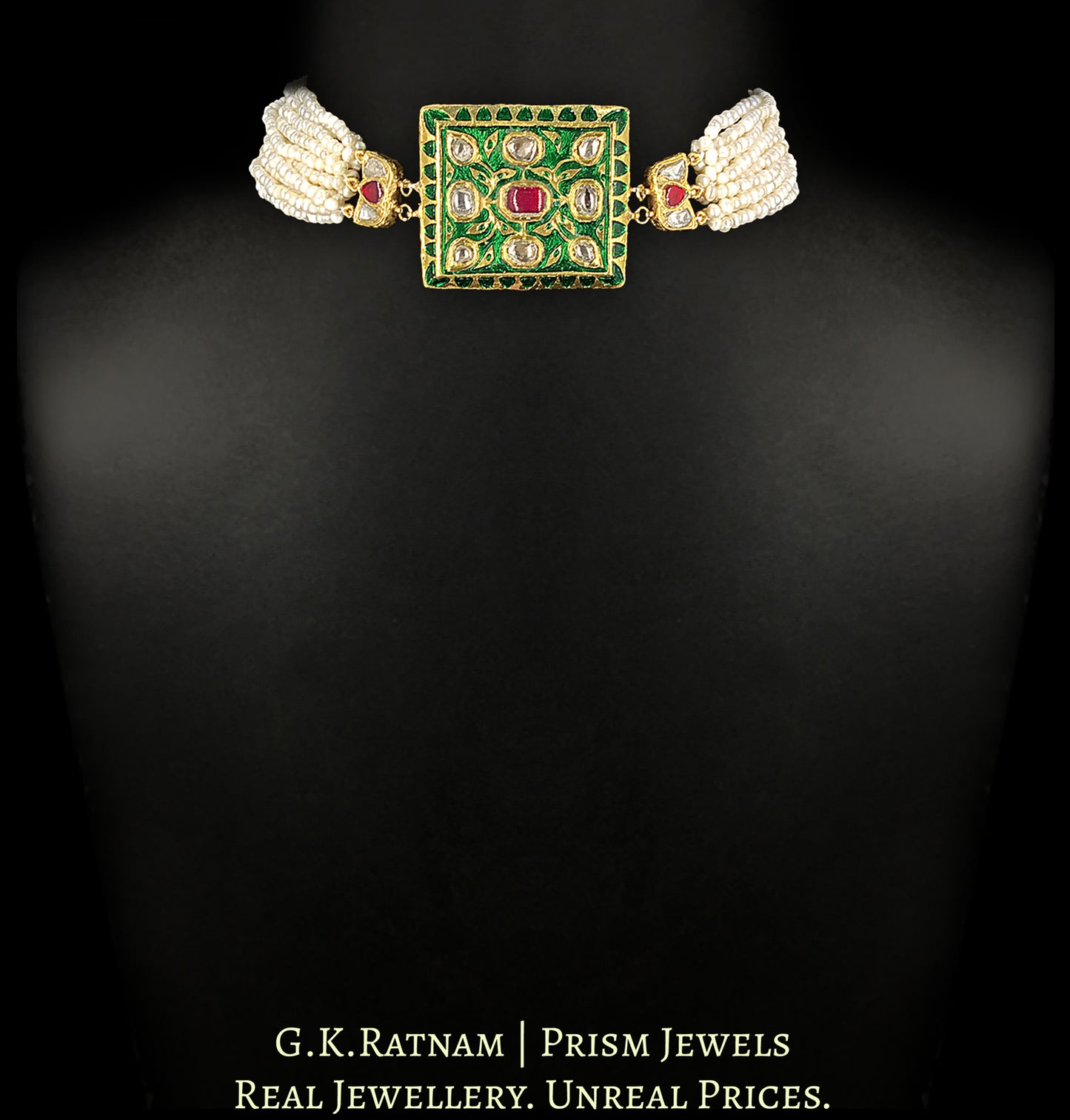 23k Gold And Diamond Polki Green Enamel Choker Necklace with Natural Freshwater Pearl Bunches