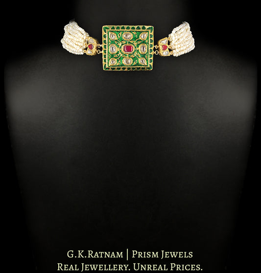 23k Gold And Diamond Polki Green Enamel Choker Necklace with Natural Freshwater Pearl Bunches