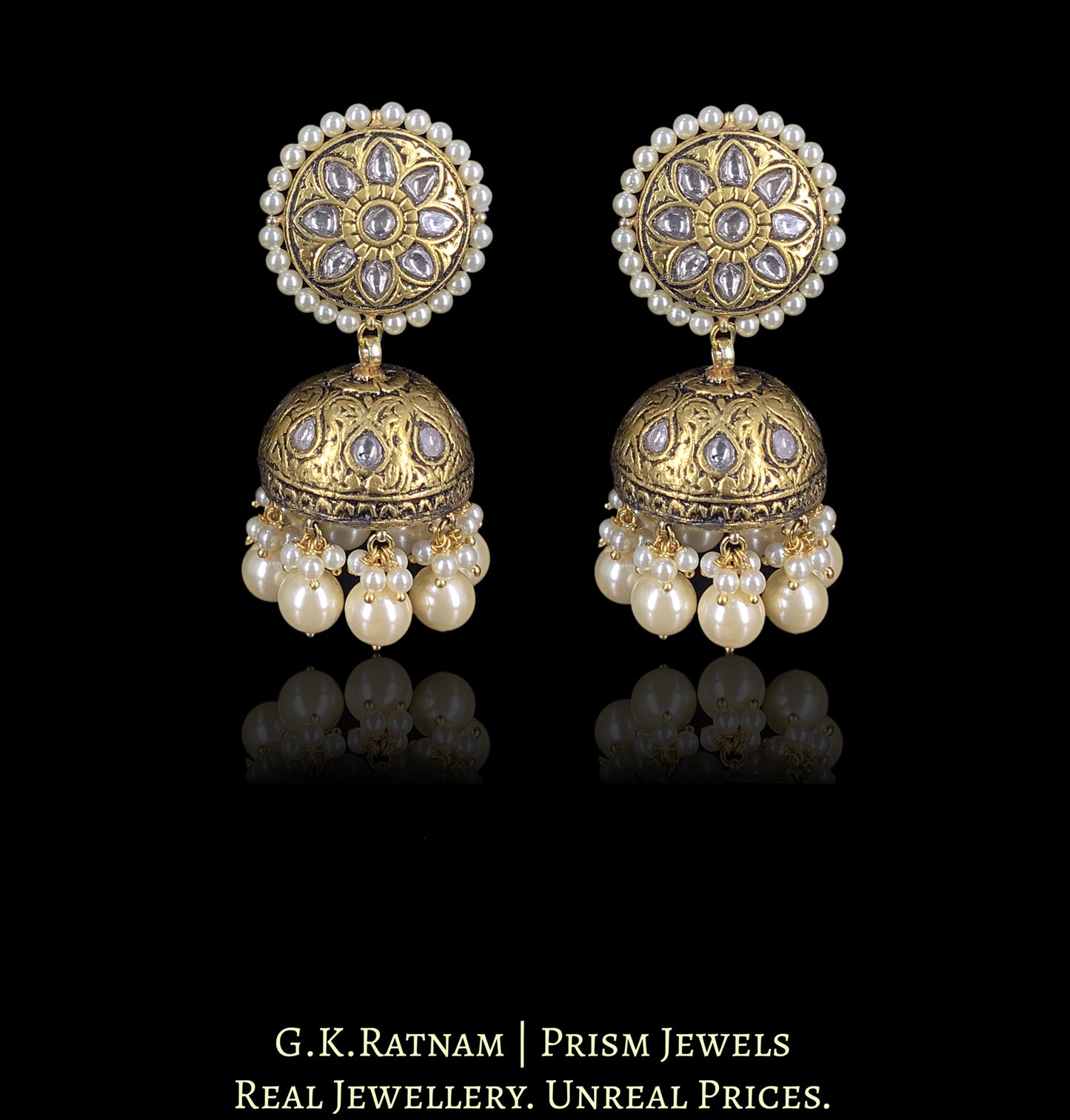 23k Gold and Diamond Polki Antique Tops and Jhumki Earring Pair with intricate goldwork - G. K. Ratnam