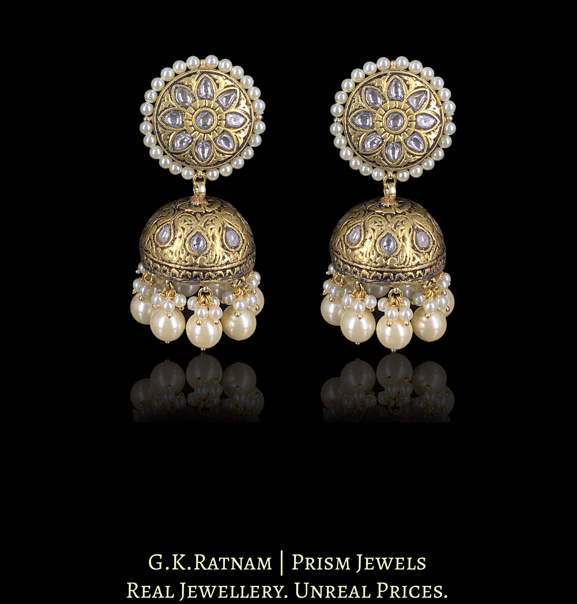 23k Gold and Diamond Polki Antique Tops and Jhumki Earring Pair with intricate goldwork - G. K. Ratnam