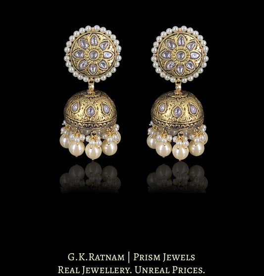 23k Gold and Diamond Polki Antique Tops and Jhumki Earring Pair with intricate goldwork - G. K. Ratnam