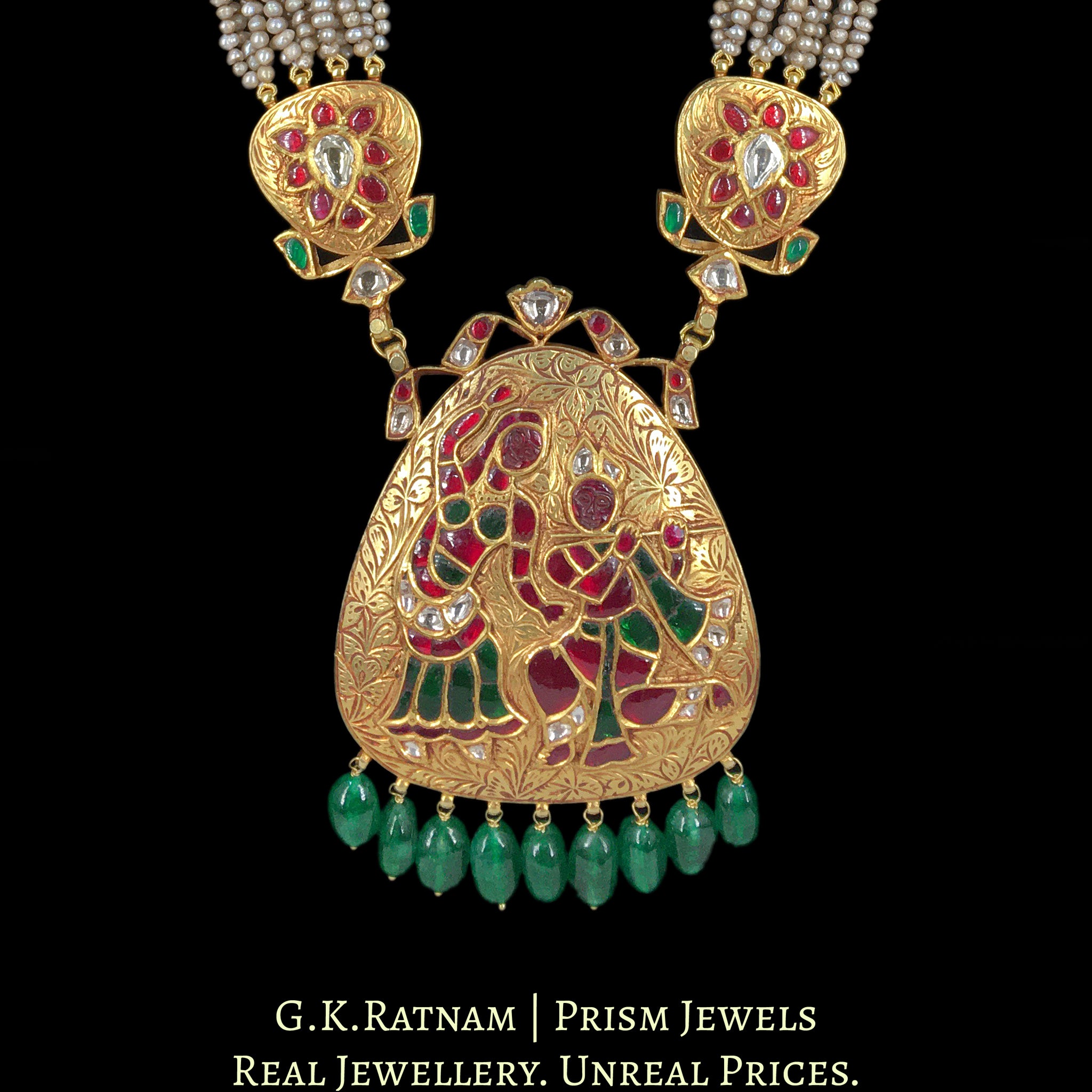 18k Gold and Diamond Polki Radha-Krishna Pendant strung in Ranihaar / Patrihaar style with basra-like Pearls