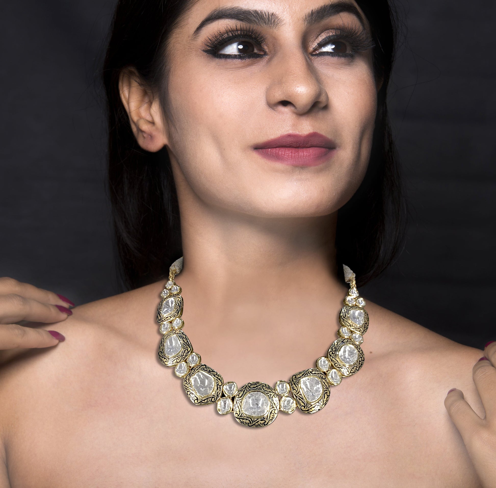 18k Gold and Diamond Polki Necklace Set with Big Uncuts and Intricate Goldwork - G. K. Ratnam