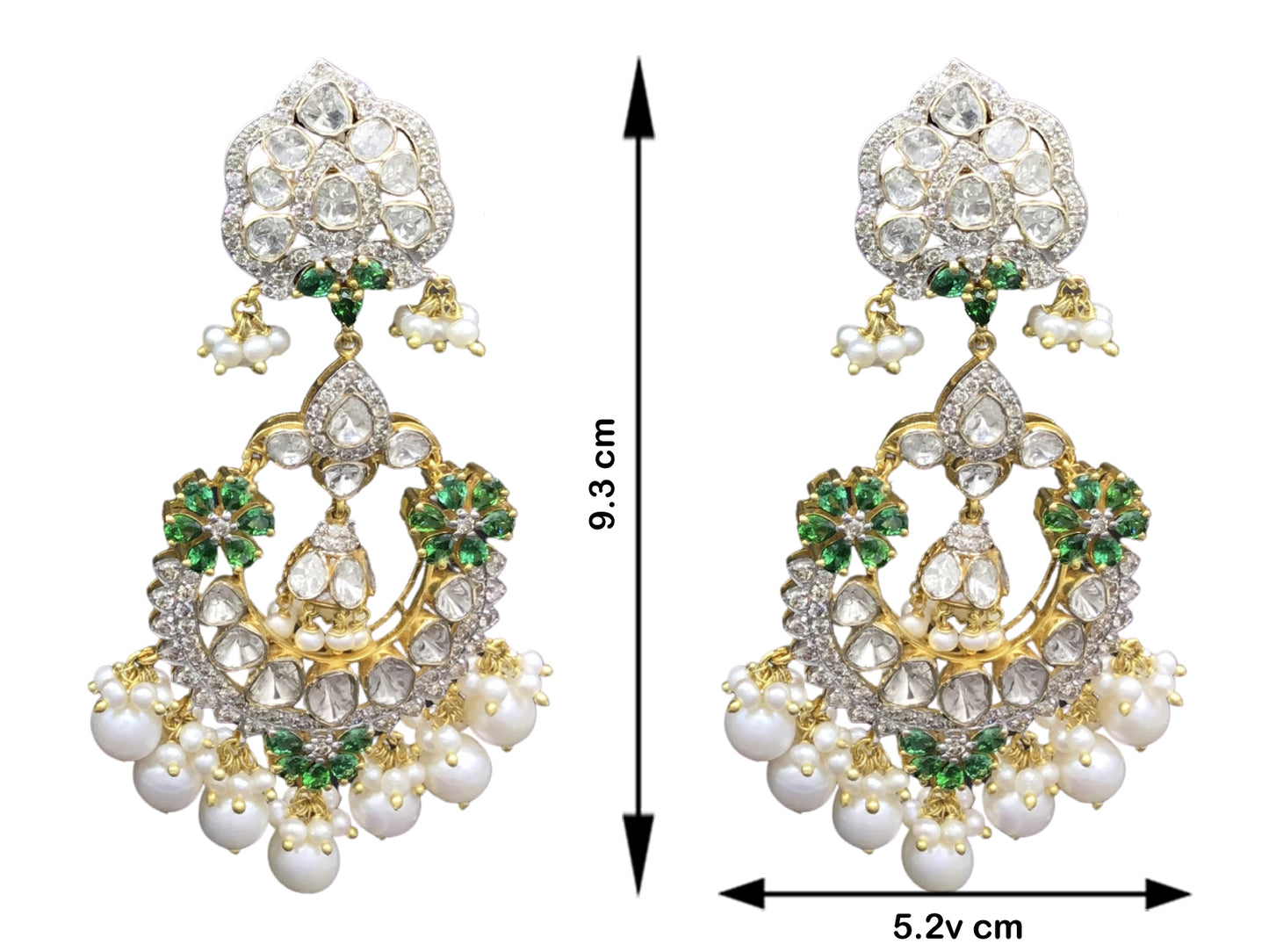 14k Gold and Diamond Polki Open Setting Chand Bali Earring Pair with Natural freshwater pearls