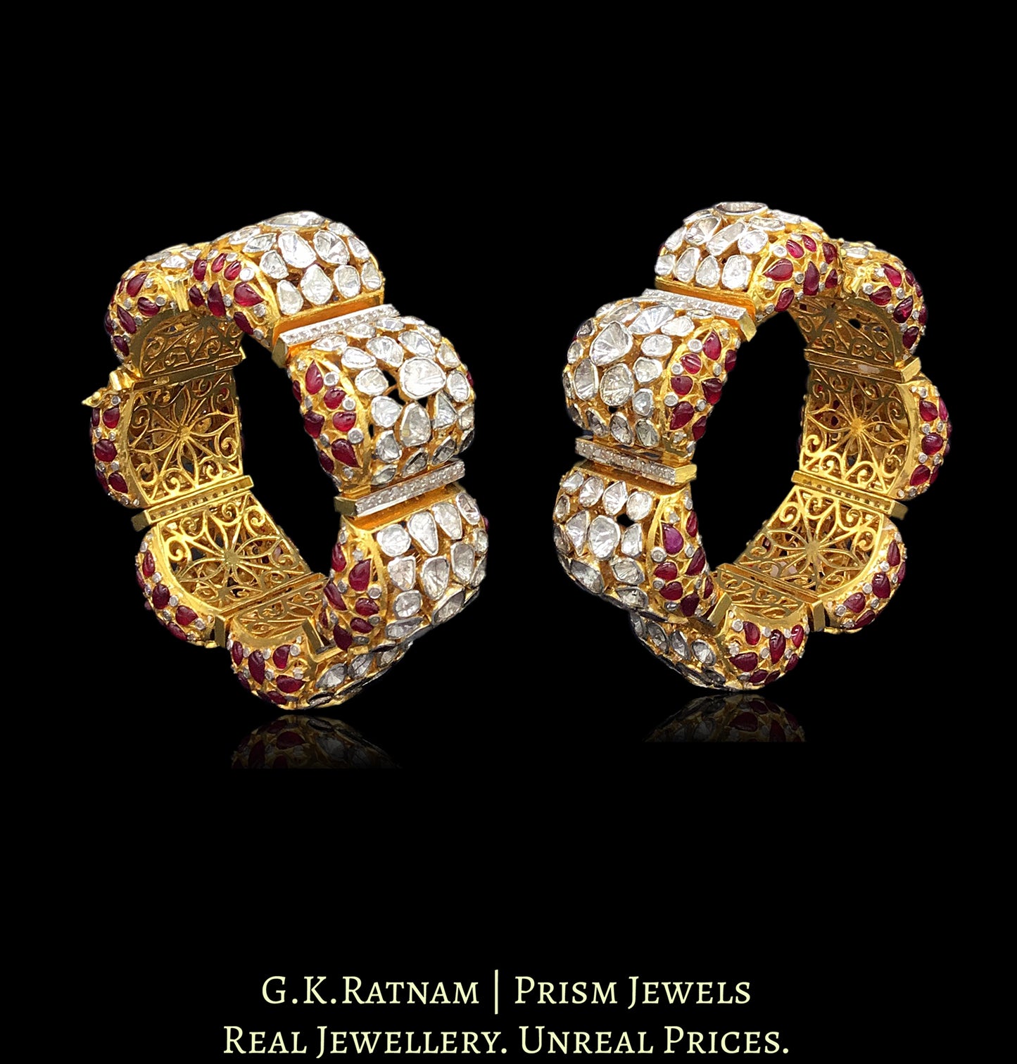 14k Gold and Diamond Polki Open Setting Bangle Pair (Pacheli) with Rubies