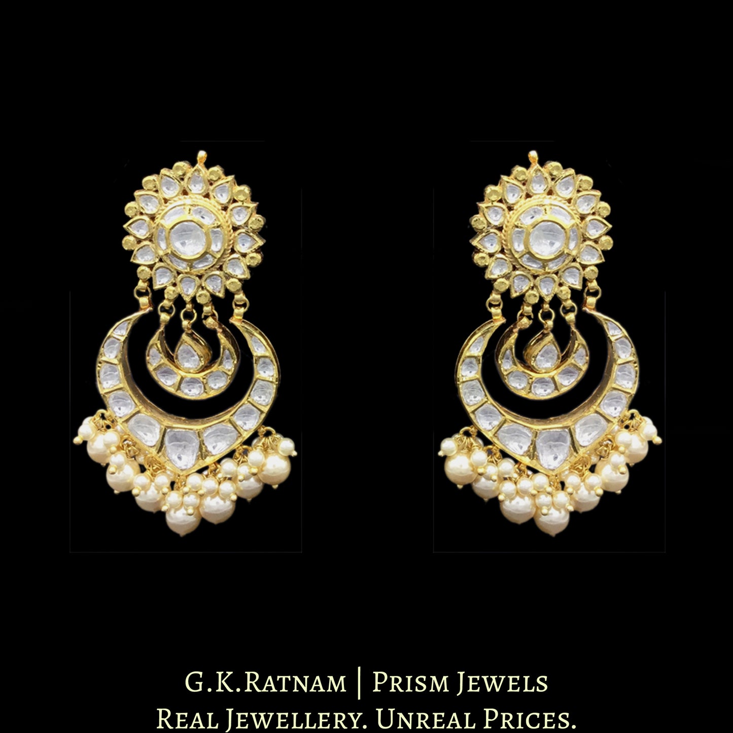 18k Gold and Diamond Polki Lotus Choker Necklace Set with multiple chand hangings - G. K. Ratnam