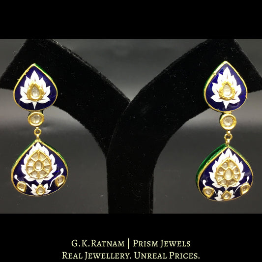 23k Gold and Diamond Polki Long Earring Pair with soothing blue and white enamel