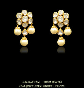18k Gold and Diamond Polki Open Setting floral Tops / Studs Earring Pair with south-sea-like pearl hangings