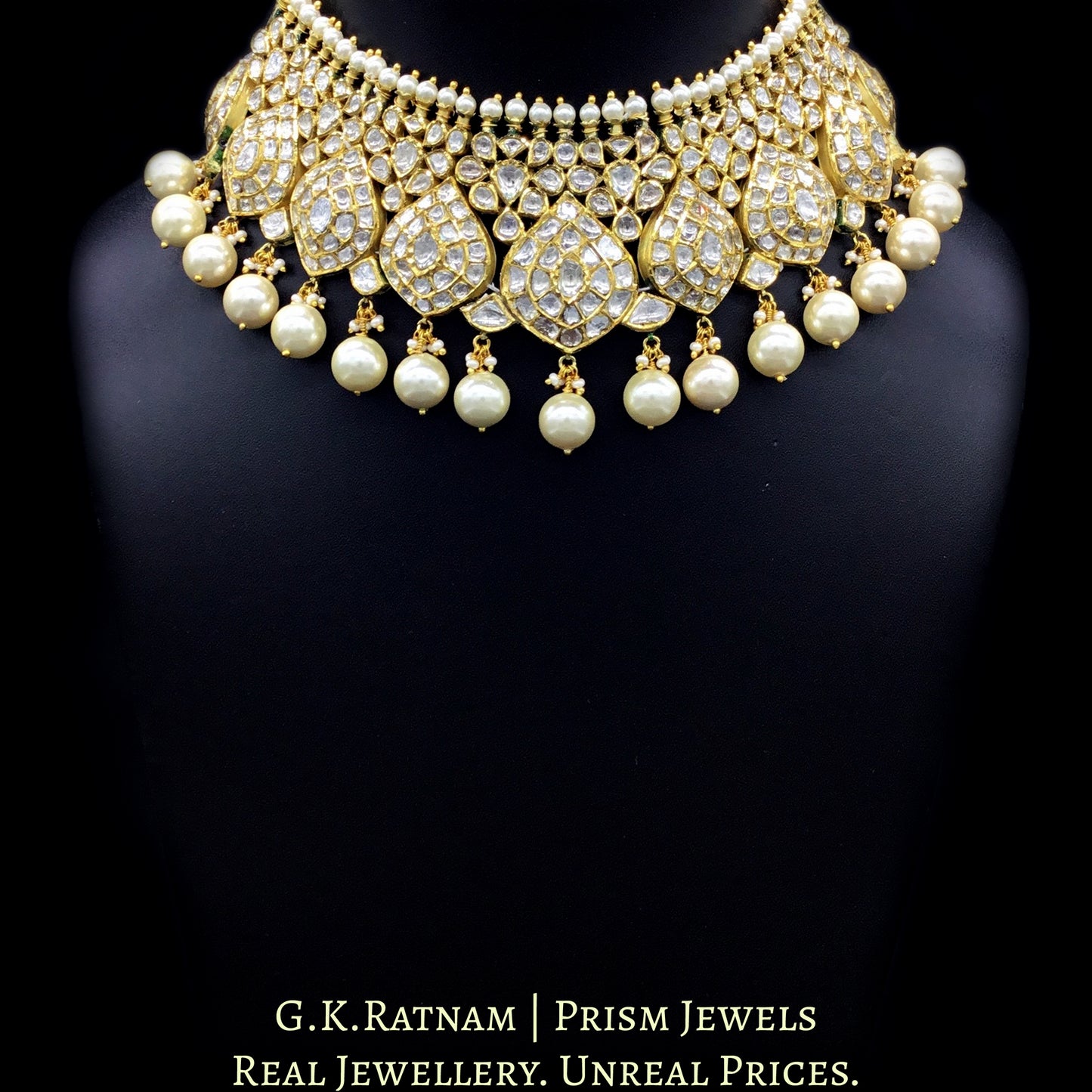 18k Gold and Diamond Polki Necklace Set with boat-shaped tikdas and lustrous pearls - G. K. Ratnam