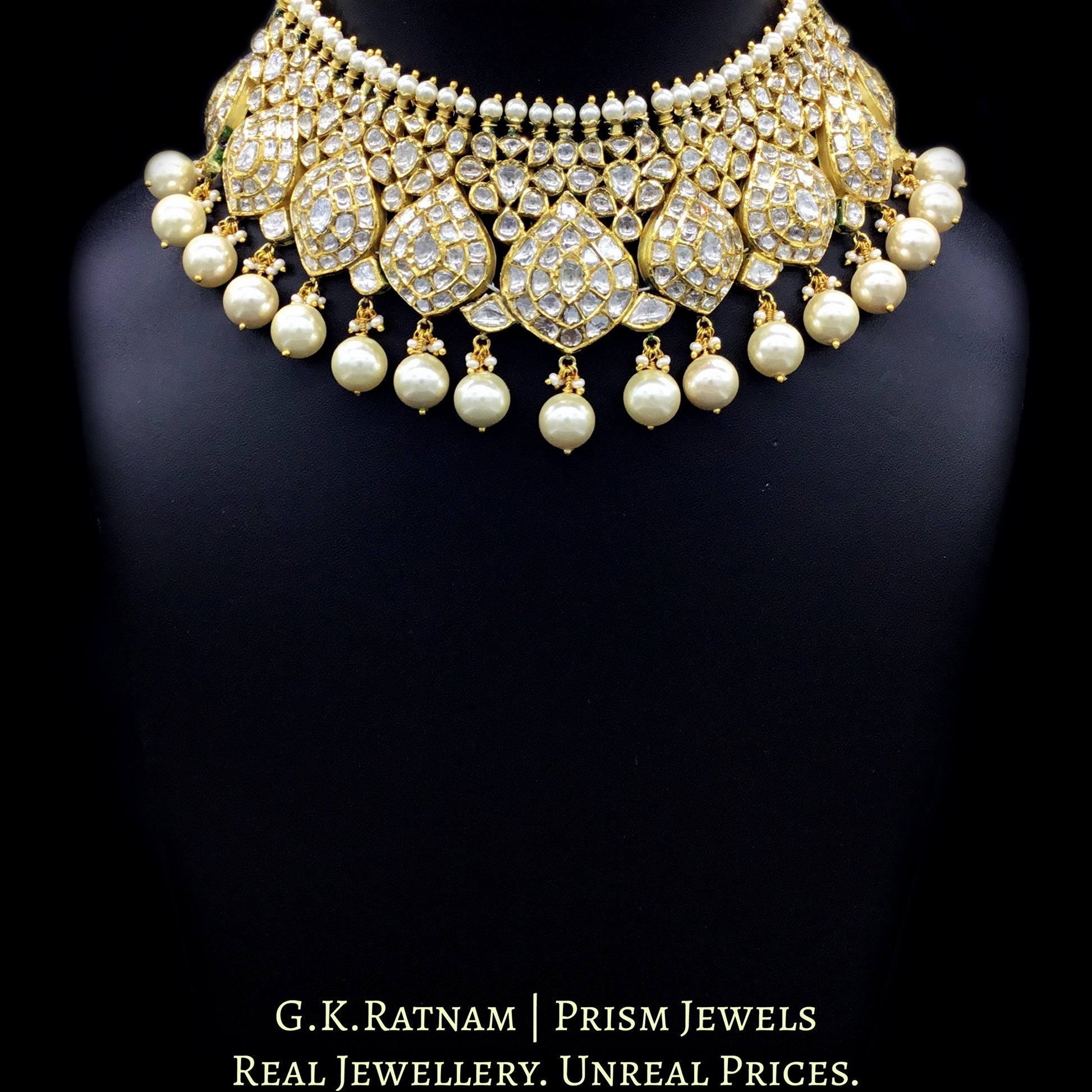 18k Gold and Diamond Polki Necklace Set with boat-shaped tikdas and lustrous pearls - G. K. Ratnam