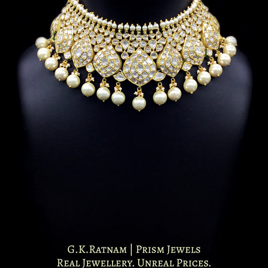 18k Gold and Diamond Polki Necklace Set with boat-shaped tikdas and lustrous pearls - G. K. Ratnam
