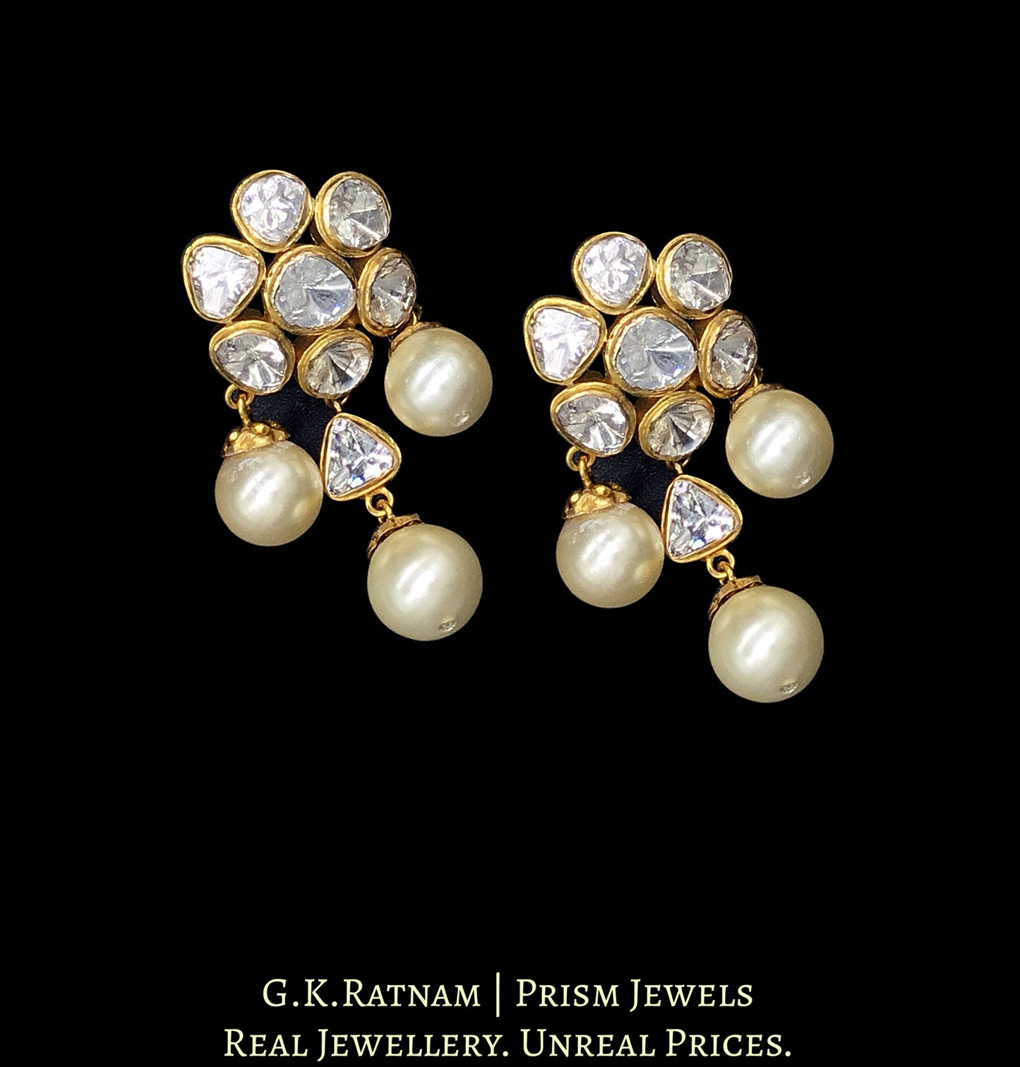 18k Gold and Diamond Polki Open Setting floral Tops / Studs Earring Pair with south-sea-like pearl hangings