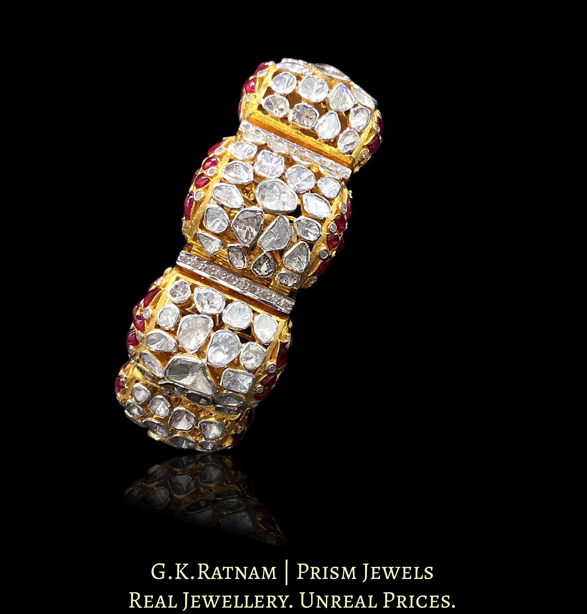 14k Gold and Diamond Polki Open Setting Bangle Pair (Pacheli) with Rubies
