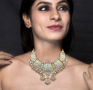 18k Gold and Diamond Polki Necklace Set with soothing turquoise blue enamelling - G. K. Ratnam
