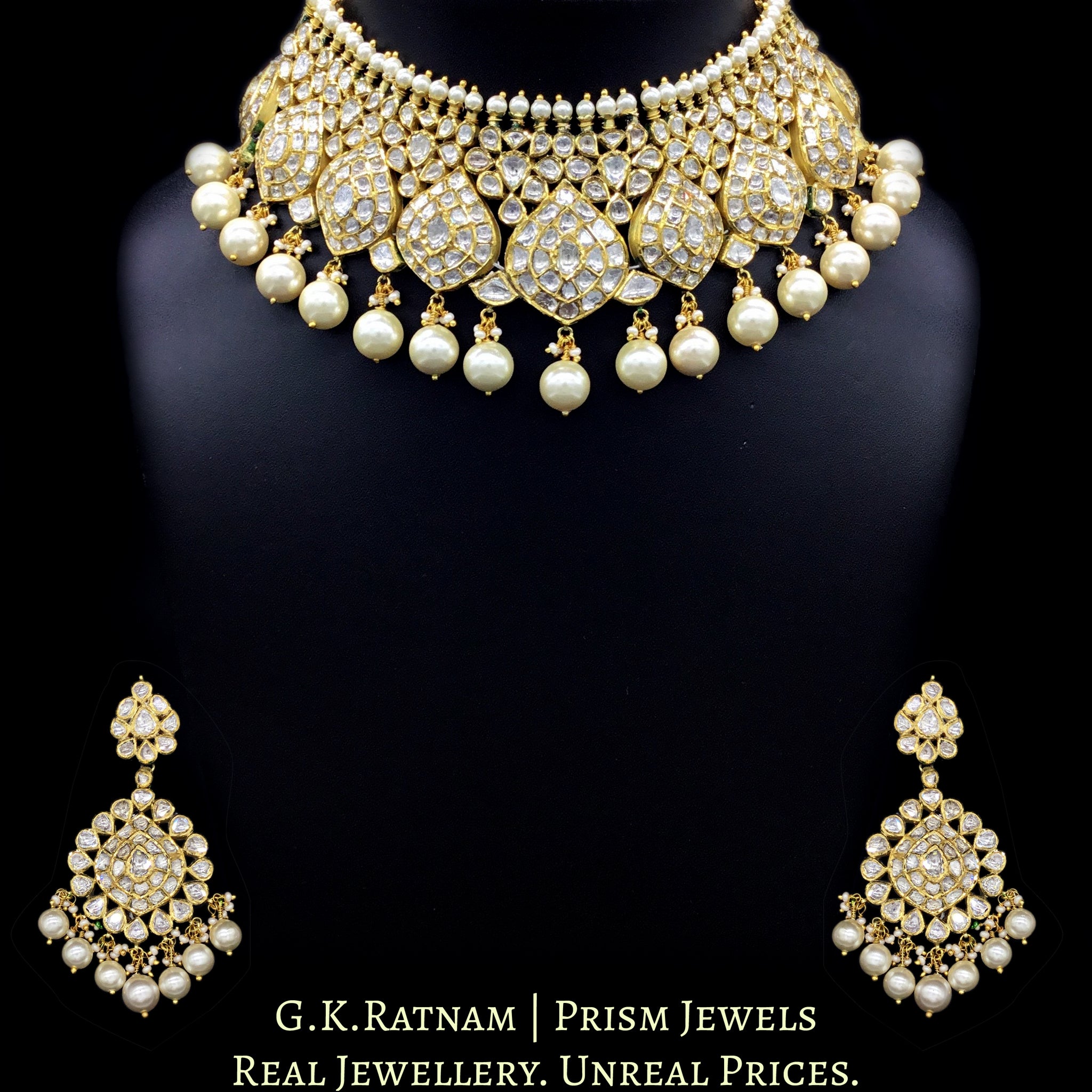 18k Gold and Diamond Polki Necklace Set with boat-shaped tikdas and lustrous pearls - G. K. Ratnam
