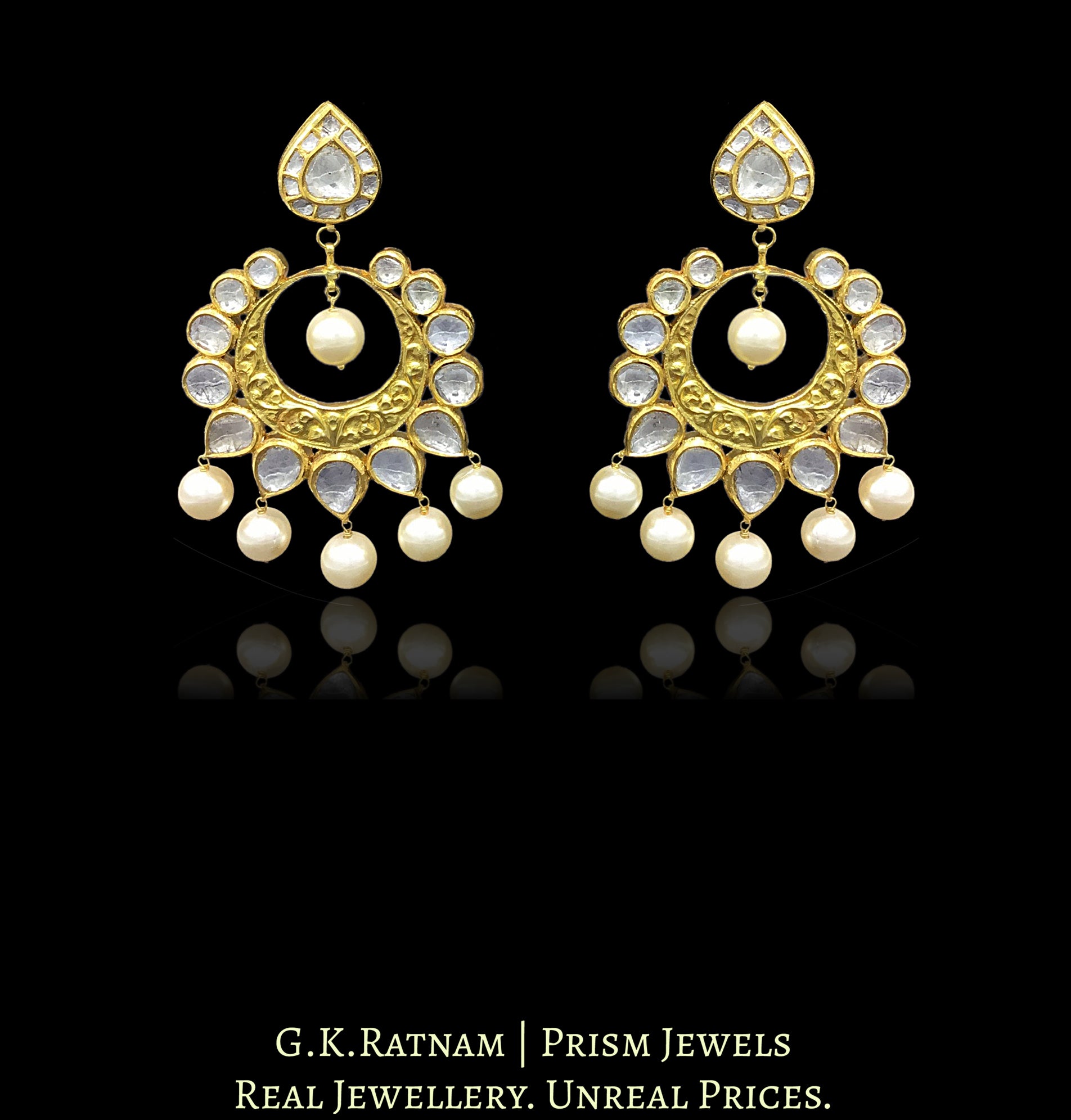 18k Gold and Diamond Polki reversible Chand Bali Earring pair with navratan stones