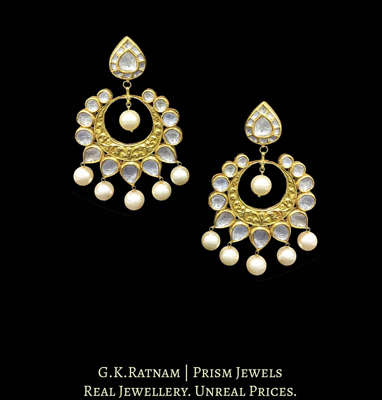 18k Gold and Diamond Polki reversible Chand Bali Earring pair with navratan stones