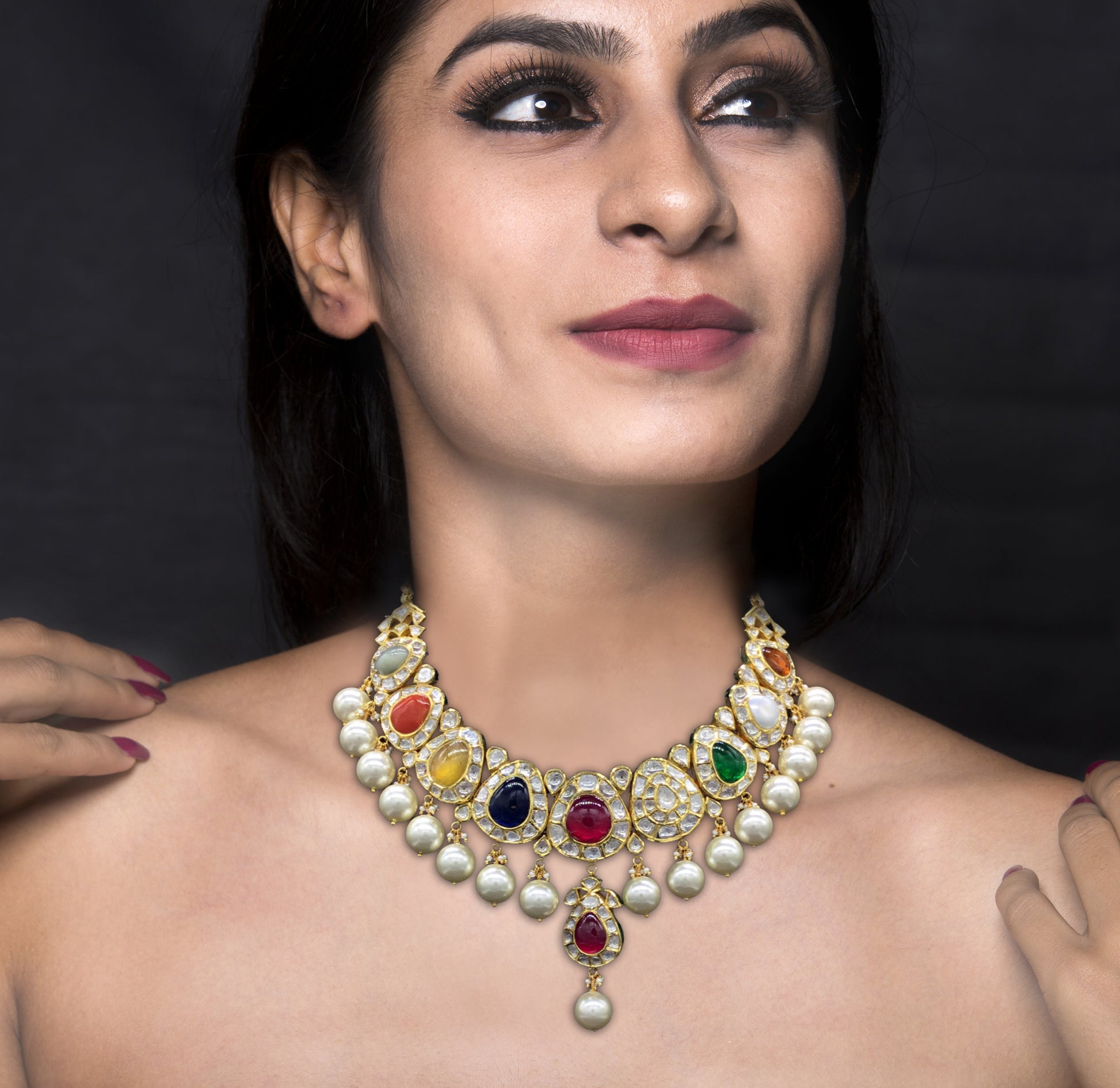 18k Gold and Diamond Polki Navratna Necklace Set with pear-shaped tikdas - G. K. Ratnam