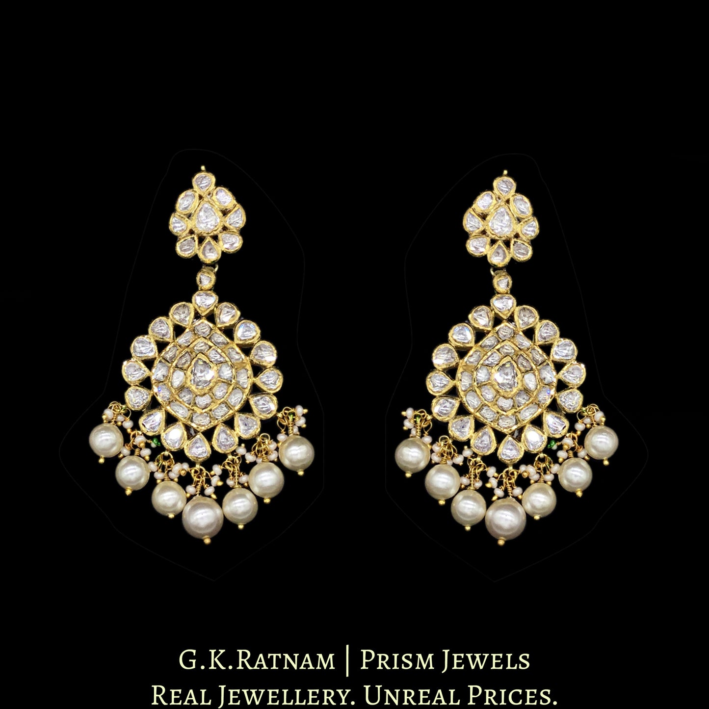 18k Gold and Diamond Polki Necklace Set with boat-shaped tikdas and lustrous pearls - G. K. Ratnam
