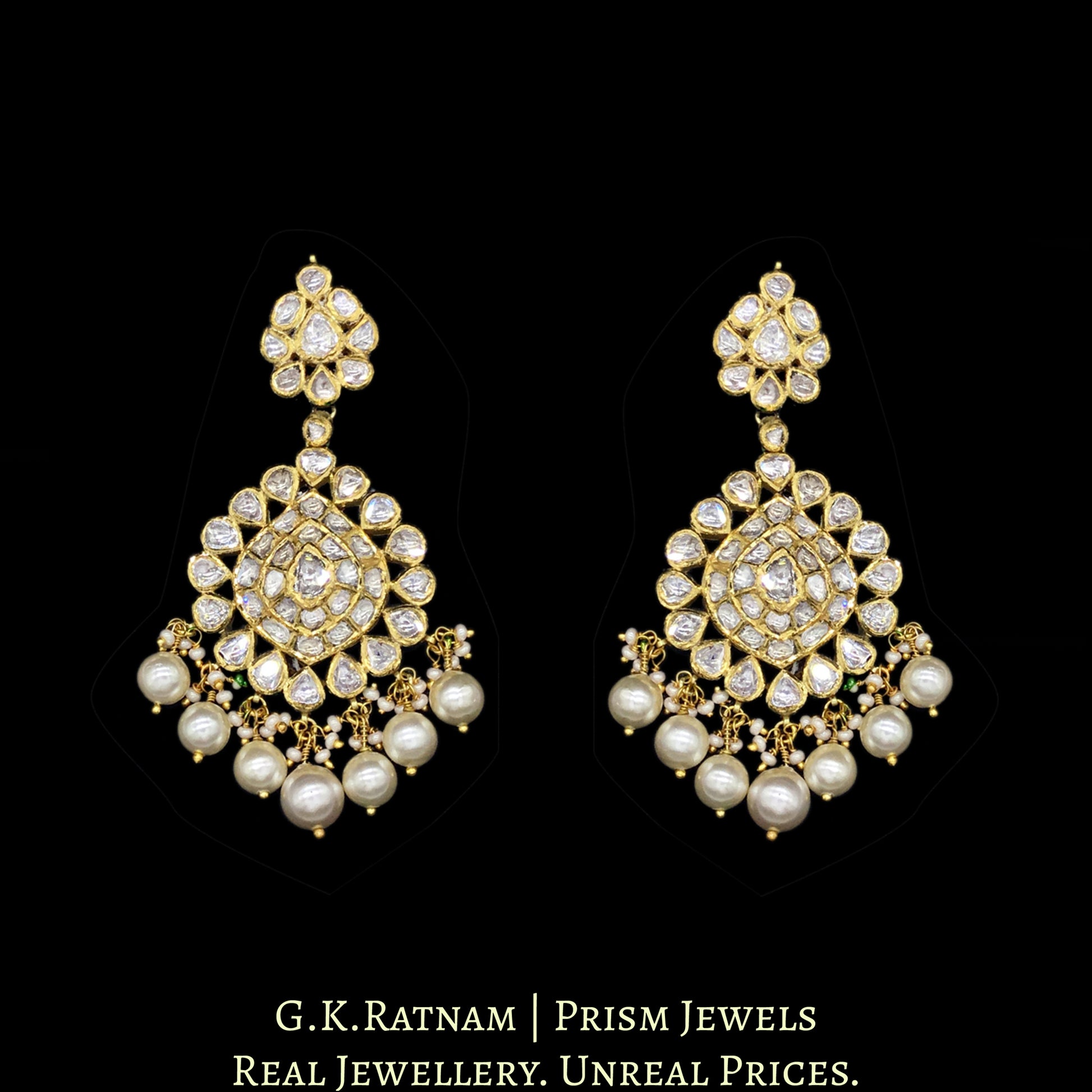 18k Gold and Diamond Polki Necklace Set with boat-shaped tikdas and lustrous pearls - G. K. Ratnam